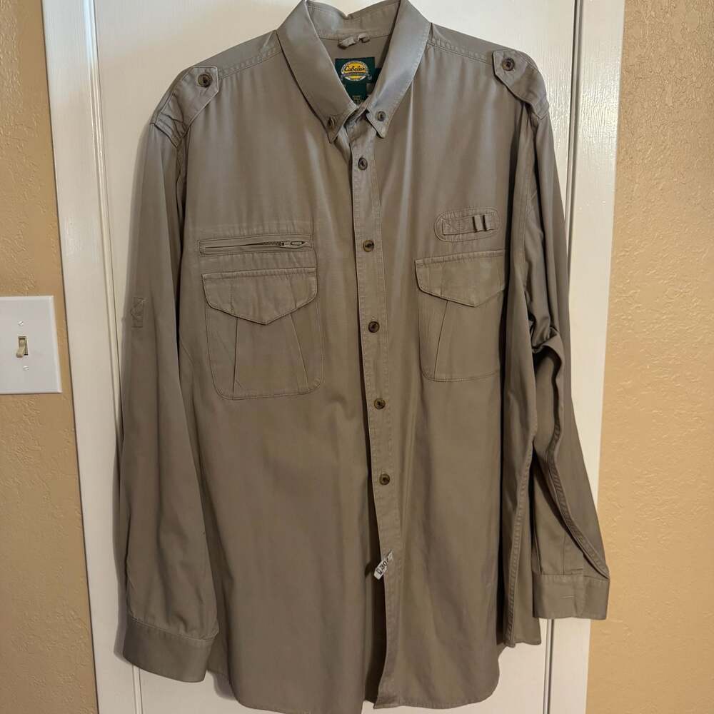 Cabela's Men's Long Sleeve khaki Safari Shirt Multi-Pockets Size XL Tall